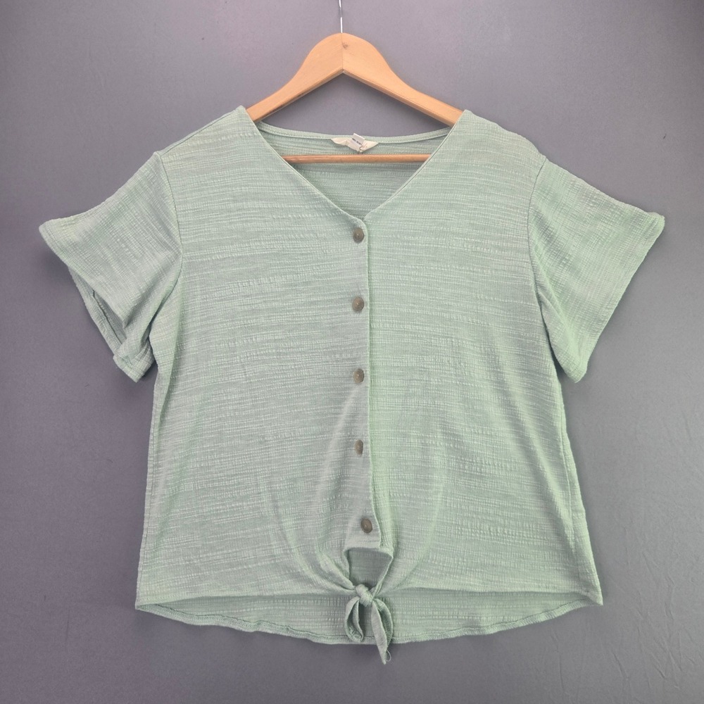 Weatherproof Vintage Top M Green Button Up Tie Front Short Sleeve V-Neck Blouse